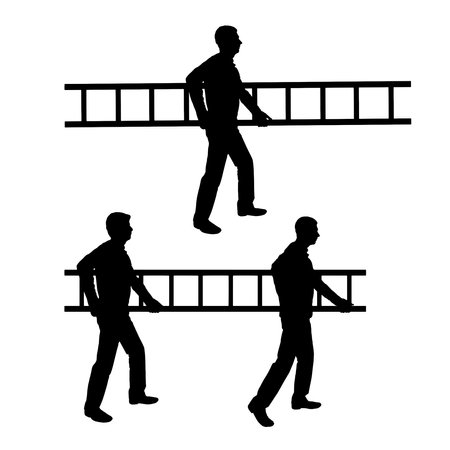 side view of builders in hardhats carrying a ladder on a wooden background.のイラスト素材