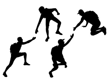 Silhouette of a male climber offering a helping hand to his partner. business concept. vector silhouetteのイラスト素材