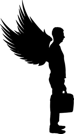 A man businessman with wings holds a case. business concept. vector silhouetteのイラスト素材