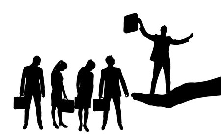 Hiring process. A sad crowd of potential candidates and the hand of the boss who chose a man for this position. business concept. vector silhouetteのイラスト素材