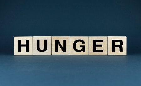 A close-up of the word HUNGER spelled out on wooden blocksの写真素材