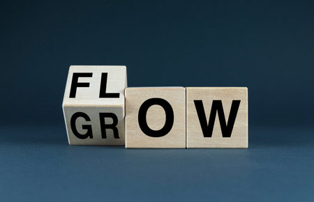Wooden blocks spell out the words FLOW and GROW. Concept business, marketing, and personal development concepts.の写真素材