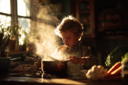 Young child intently stirs a steaming pot of soup, showcasing wholesome cooking and childhood curiosity in a warm kitchen setting.の素材