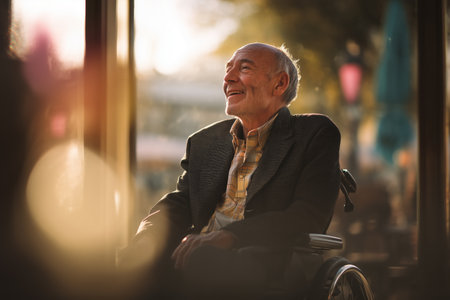 Uplifting portrait of a smiling elderly man in a wheelchair outside, enjoying life's simple pleasures. Golden hour light adds warmth.の素材