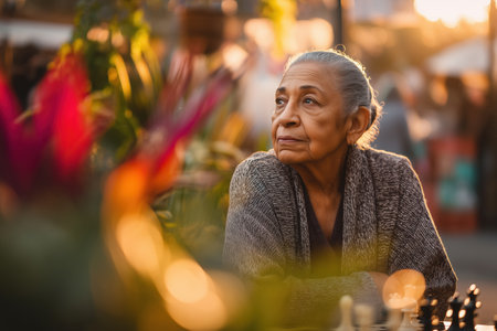 Thoughtful senior woman sits outdoors at sunset near vibrant flowers, reflecting on life's moments. Peaceful and serene atmosphere.の素材
