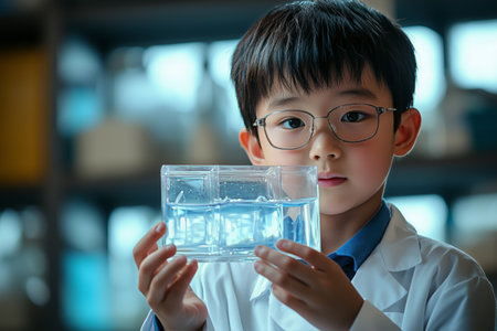 Curious child scientist in lab coat carefully observing a water sample. Science education, child development, and scientific exploration concepts.の素材