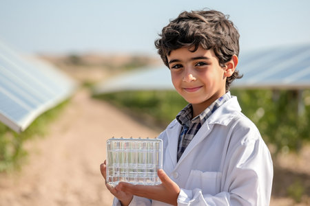 A smiling child scientist holds a transparent sample near solar panels, representing clean energy research, environmental progress, and future technologies.の素材