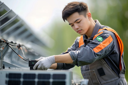 A diligent technician meticulously examines a solar panel system, ensuring optimal performance and sustainable energy production. Focused energy worker.の素材