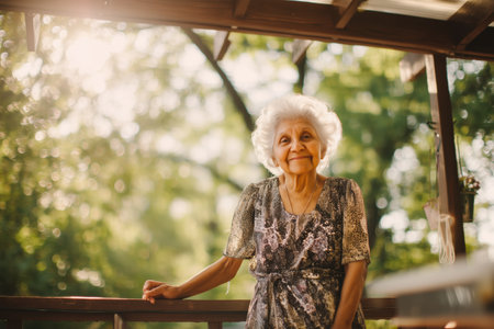 A happy senior woman with silver hair sits on a porch, basking in the sunlight of a lush green garden. Peaceful retirement, aging gracefully.の素材