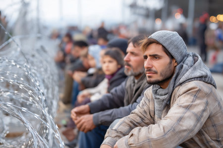 A poignant scene depicting refugees at a border fence, highlighting the human cost of displacement and seeking asylum.の素材