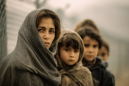 A poignant depiction of a refugee mother and her children near a border fence, conveying themes of displacement, hope, and resilience.の素材