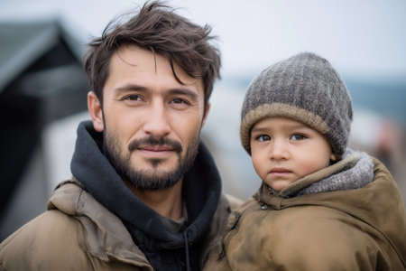 A poignant portrait of a refugee father and his young son, showing their strength and the enduring power of family. The image evokes empathy and highlights human resilience.の素材
