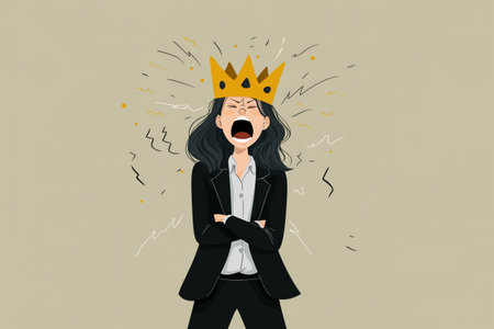 This illustration shows a woman with a crown on her head, arms crossed, screaming in frustration, portraying the overwhelming pressure and burden of leadership or excessive self-importance.の素材