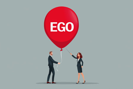 An illustration of a man inflating a large red balloon marked "EGO," while a woman prepares to pop it, symbolizing the inflation of self-importance and its potential for collapse.の素材