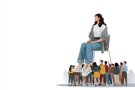 Powerful illustration depicting a large woman overseeing a multitude of smaller figures, symbolizing leadership, authority, and a unique viewpoint.の素材