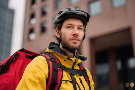 A young man, a food delivery worker, confidently stands in an urban environment wearing a yellow jacket, helmet, and backpack.の素材