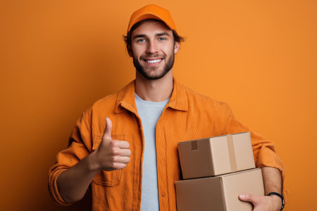Smiling delivery person in bright orange jacket and cap shows thumbs up while holding cardboard boxes. Express delivery service concept.の素材