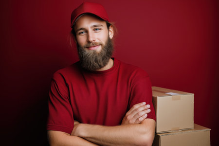 Smiling delivery worker in red shirt and cap stands confidently near cardboard boxes against a rich maroon backdrop. Perfect for shipping, logistics, or service concepts.の素材