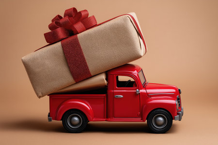 A classic red toy pickup truck is depicted carrying an excessively large, beautifully wrapped beige gift box with a sparkling red ribbon, conveying the idea of special occasion or holiday deliveries.の素材