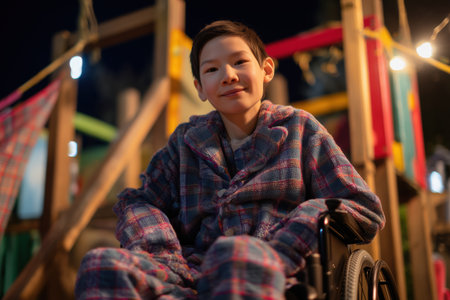 A cheerful young boy sits in his wheelchair at a brightly lit playground at night, showing inclusivity and accessibility in outdoor play.の素材