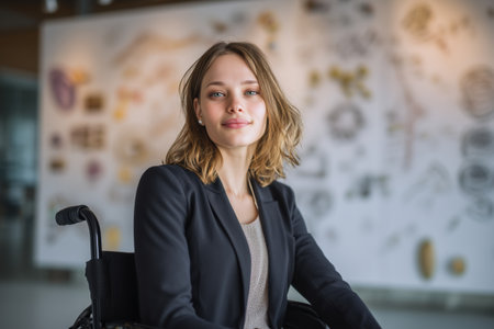 A professional portrait of a determined young woman in a wheelchair, embodying empowerment and workplace diversity against a unique backdrop.の素材