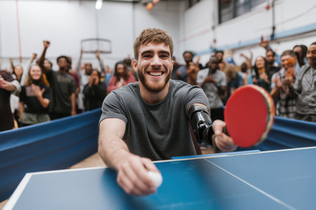 A triumphant amputee athlete smiles broadly while holding a ping pong paddle and ball, surrounded by an enthusiastic crowd at a table tennis match.の素材