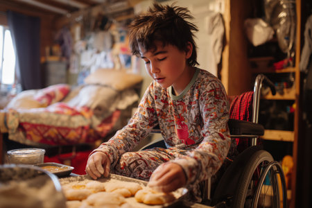 A heartwarming scene of a child with a discomfort happily baking treats. Focus on inclusion, home baking, and childhood joy.の素材