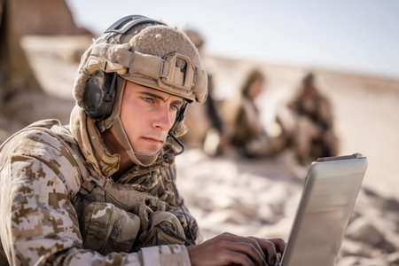 A soldier in desert camouflage uses a laptop, showcasing military technology and communication in a harsh environment.の素材