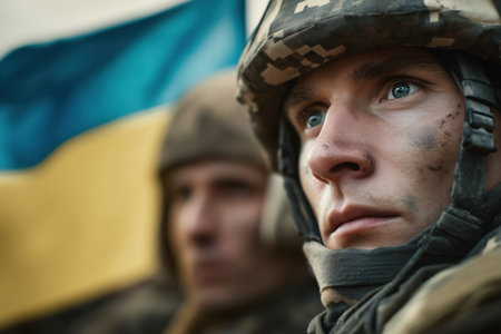 A portrait showing the resolve and patriotism of Ukrainian soldiers, with the Ukraine flag subtly emphasizing their commitment and national pride.の素材