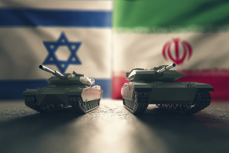 Military conflict and international relations concept. Two tanks stand before Israeli and Iranian flags, highlighting regional tensions and potential for war.の素材