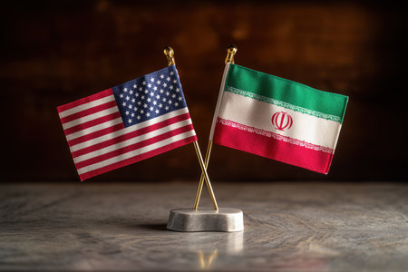 Miniature American and Iranian flags displayed together a table, representing geopolitical relations and global diplomacy. A powerful visual for news, politics, or international affairs.の素材