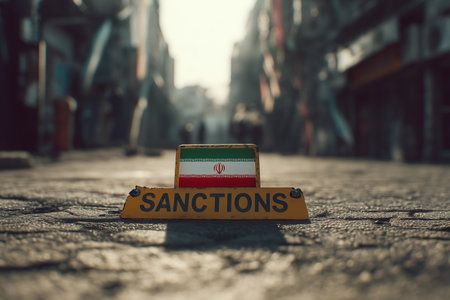 Conceptual illustrates sanctions against Iran. Depicts a symbol of Iranian economy under pressure due to political and economic restrictions in an urban environment.の素材