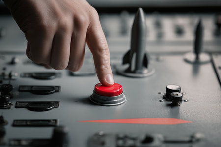 A hand firmly presses a red launch button on a control panel with missile models, signifying the commencement of war and major conflict.の素材