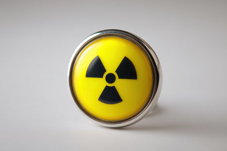Round button showing the universal radiation trefoil on a yellow background. The sign warns of radioactive material, nuclear power and other hazards.の素材