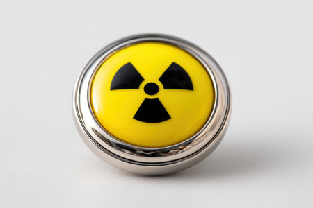 Symbol of radioactivity on a circular button. This clear sign warns of radiation danger. The round yellow button with metal edging creates a clear warning signal.の素材