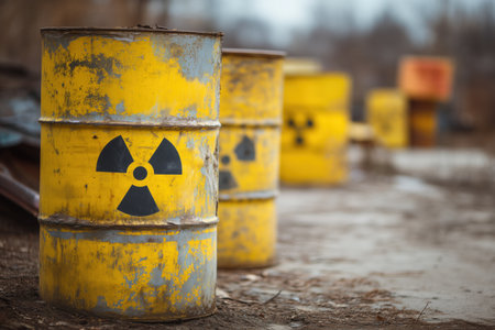 A series of old, weathered yellow barrels featuring the radiation symbol suggests the serious issues of nuclear waste, pollution, and potential environmental disaster.の素材