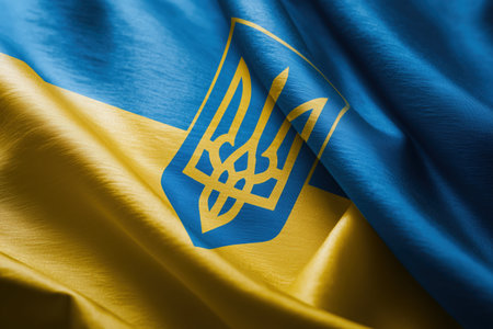 Close-up view of a waving Ukrainian flag with its vibrant blue and yellow colors and the golden trident coat of arms, depicting Ukrainian pride and heritage.の素材