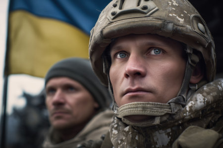 This poignant portrait captures the determination of Ukrainian soldiers standing in solidarity against the backdrop of their flag, embodying resilience and patriotism.の素材