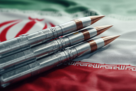 Close-up view of three missiles positioned on the Iranian flag, showing military technology and geopolitical implications. High-resolution detail.の素材