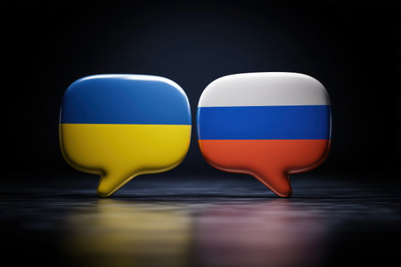 Conceptual artwork of Ukraine and Russia flags in speech bubbles, depicting communication, dialogue, peace negotiations, and international relations for diplomacy.の素材
