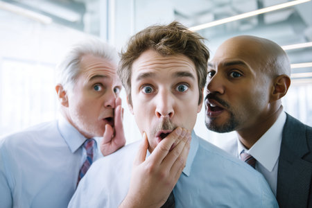 Two men whisper into their shocked colleague's ears in an office. A funny take on corporate gossip, secrets, and the pressure to listen and eavesdrop.の素材