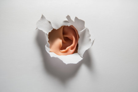 A realistic human ear emerges from a torn hole in a sheet of white paper. A powerful conceptual metaphor for the desire to listen and eavesdrop on secrets.の素材