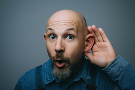 A surprised bald man in overalls holds his hand to his ear, trying to listen to a secret. He is eavesdropping with a comical, wide-eyed look of amazement.の素材