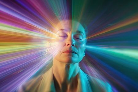 A woman's face illuminated by radiating colors, representing a spiritual or psychedelic experience. A concept for alternative therapy and mental health exploration.の素材
