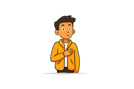 A cartoon boy in an orange jacket stands with a concerned look, his hand on his chest, a simple illustration of a child with a heart problem.の素材