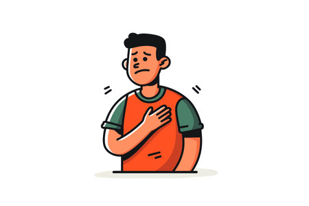 A boy in an orange shirt looks worried and unsteady, with lines indicating shaking, as he holds his chest due to a child heart problem.の素材