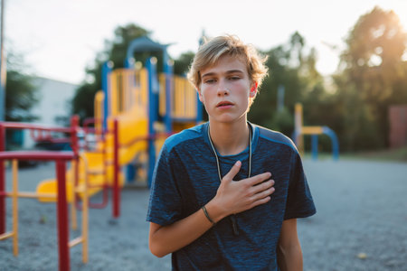 A weary teenage boy looks at the camera, hand on his heart, taking a moment to rest at the playground due to a chronic child heart problem or severe fatigue.の素材