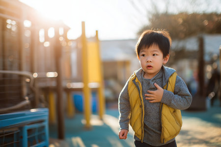 A little Asian boy in a vest stops playing, his hand on his chest and a worried look indicating a sudden child heart problem or sharp chest pain.の素材