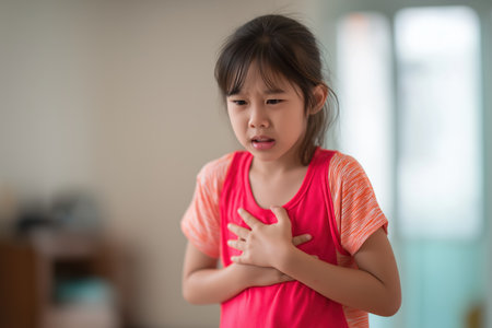 A concerned young Asian girl with a pained expression holds her chest, feeling discomfort at home. This scene highlights the issue of heart disease in a child.の素材