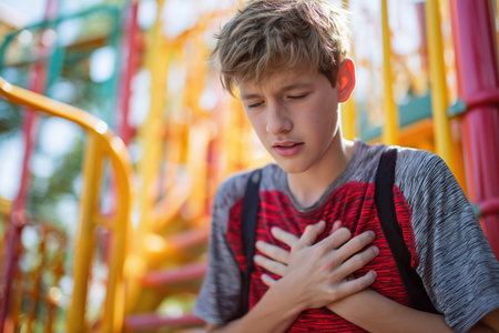 A young boy pauses play at a colorful playground, his face contorted in pain as he clutches his chest, suggesting a sudden child heart problem or a cardiac disease.の素材